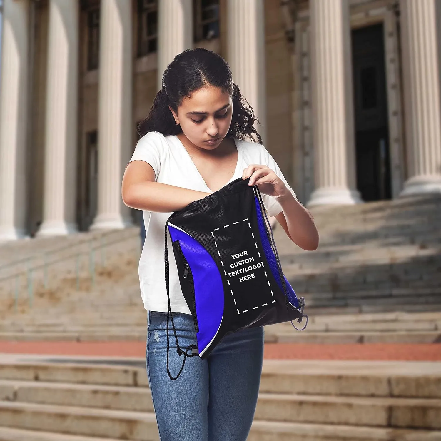 DISCOUNT PROMOS 100 Zipper Side Drawstring Backpacks Set - Customizable Text, Logo - Two tone, Minimalist, Black Ink - Blue