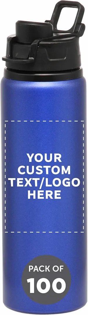 DISCOUNT PROMOS Custom Aluminum Water Bottles with Snap Lids 25 oz. Set of 100, Personalized Bulk Pack - Reusable, Great for Gym, Hiking, Cycling, For School - Blue