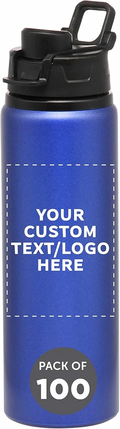 DISCOUNT PROMOS Custom Aluminum Water Bottles with Snap Lids 25 oz. Set of 100, Personalized Bulk Pack - Reusable, Great for Gym, Hiking, Cycling, For School - Blue