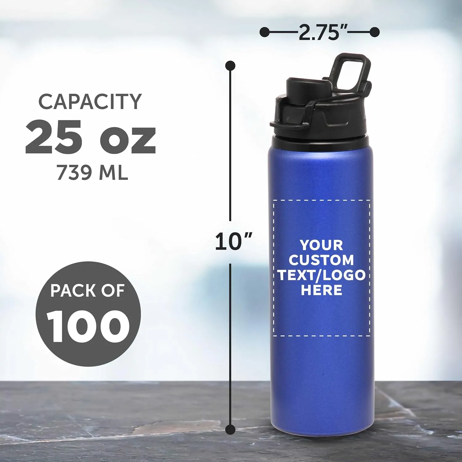 DISCOUNT PROMOS Custom Aluminum Water Bottles with Snap Lids 25 oz. Set of 100, Personalized Bulk Pack - Reusable, Great for Gym, Hiking, Cycling, For School - Blue