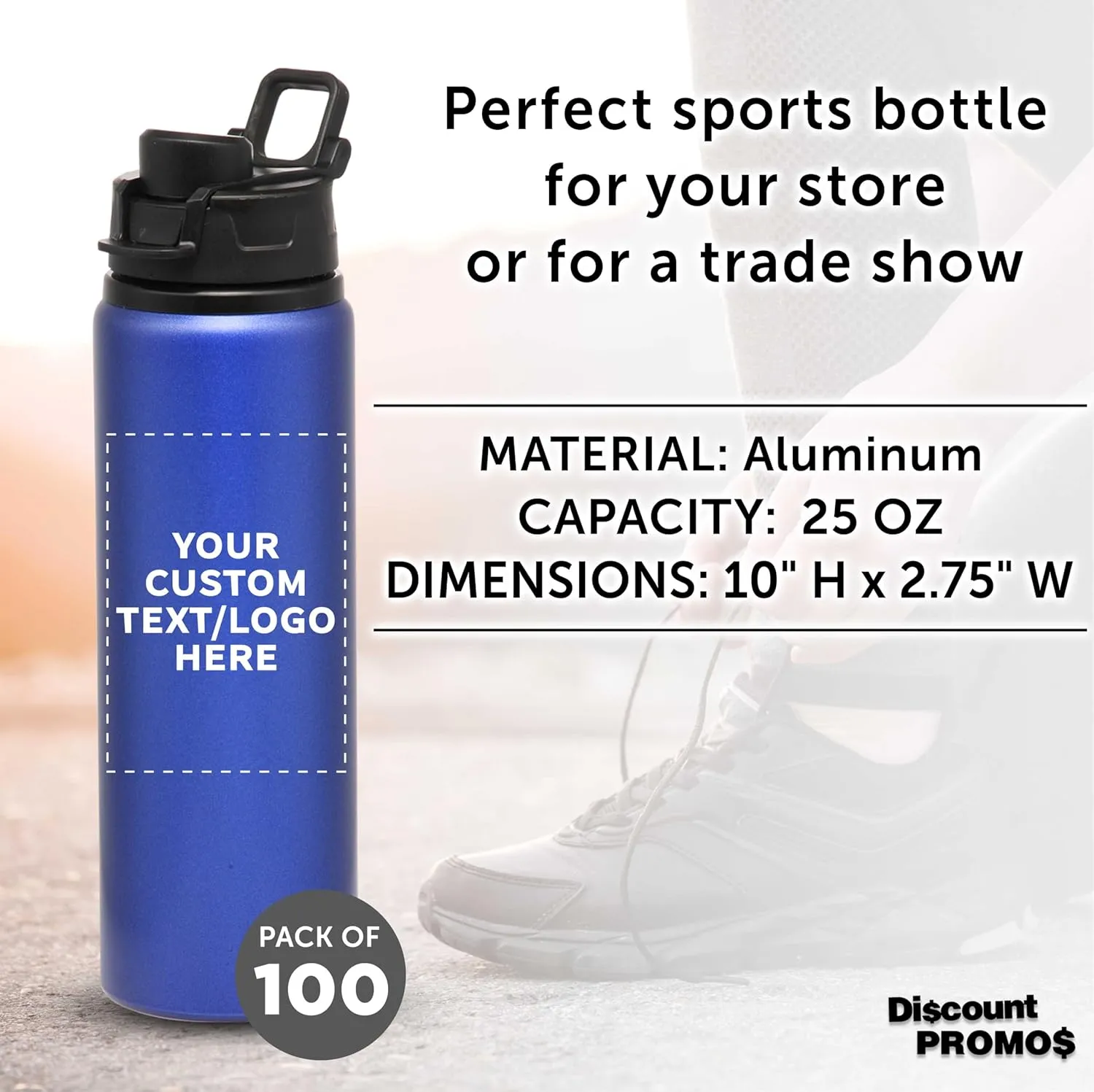 DISCOUNT PROMOS Custom Aluminum Water Bottles with Snap Lids 25 oz. Set of 100, Personalized Bulk Pack - Reusable, Great for Gym, Hiking, Cycling, For School - Blue