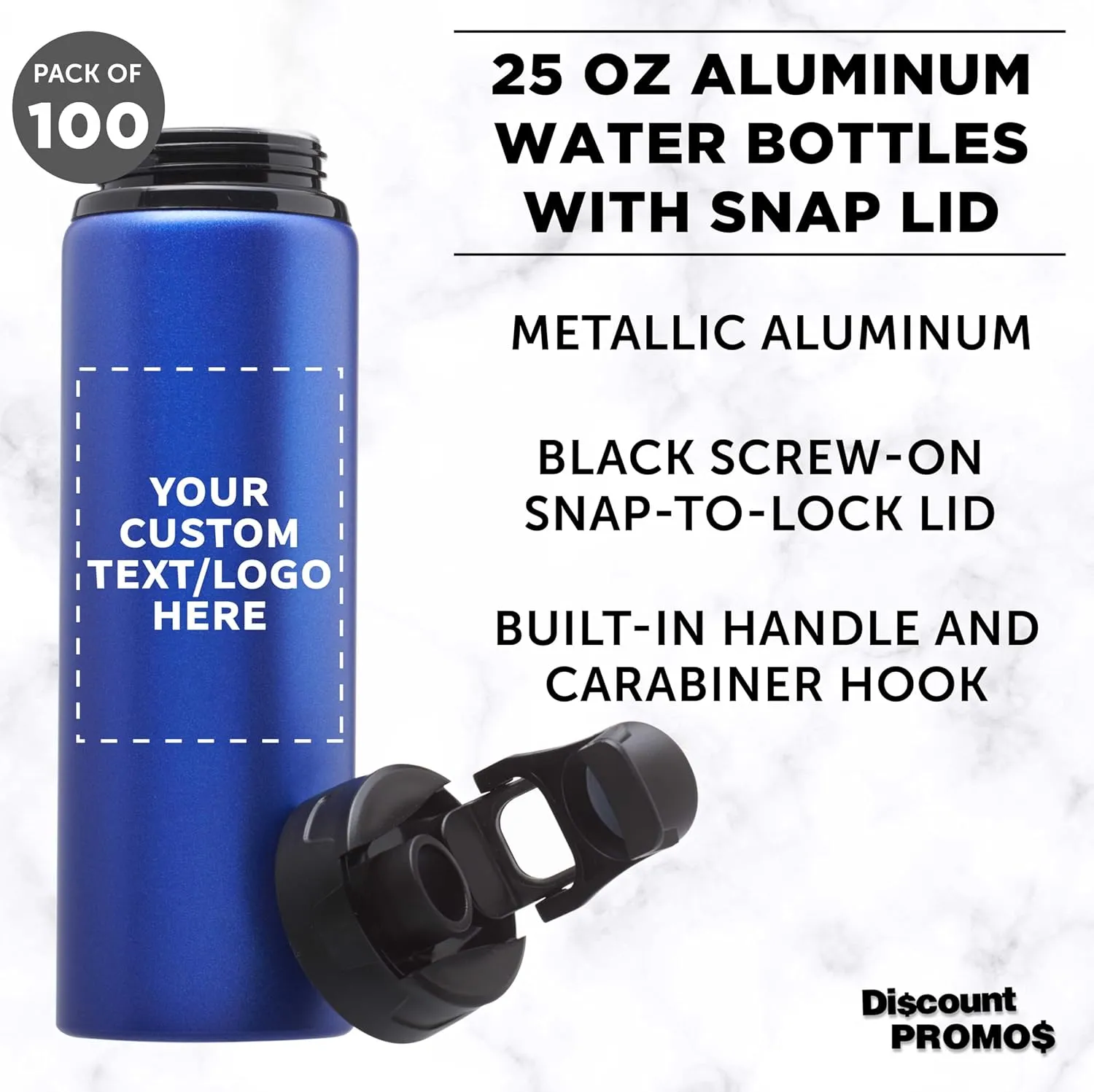DISCOUNT PROMOS Custom Aluminum Water Bottles with Snap Lids 25 oz. Set of 100, Personalized Bulk Pack - Reusable, Great for Gym, Hiking, Cycling, For School - Blue