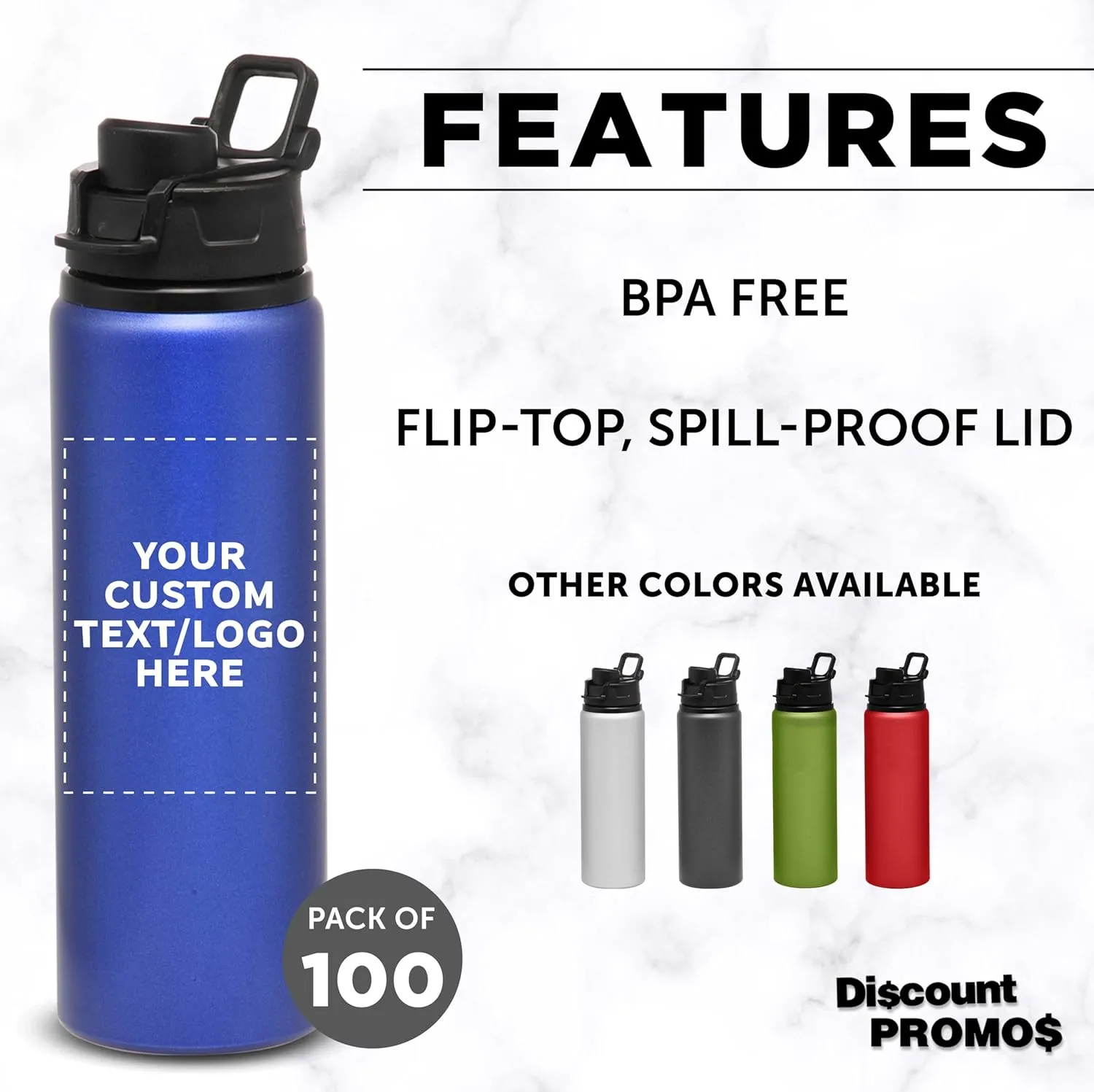 DISCOUNT PROMOS Custom Aluminum Water Bottles with Snap Lids 25 oz. Set of 100, Personalized Bulk Pack - Reusable, Great for Gym, Hiking, Cycling, For School - Blue