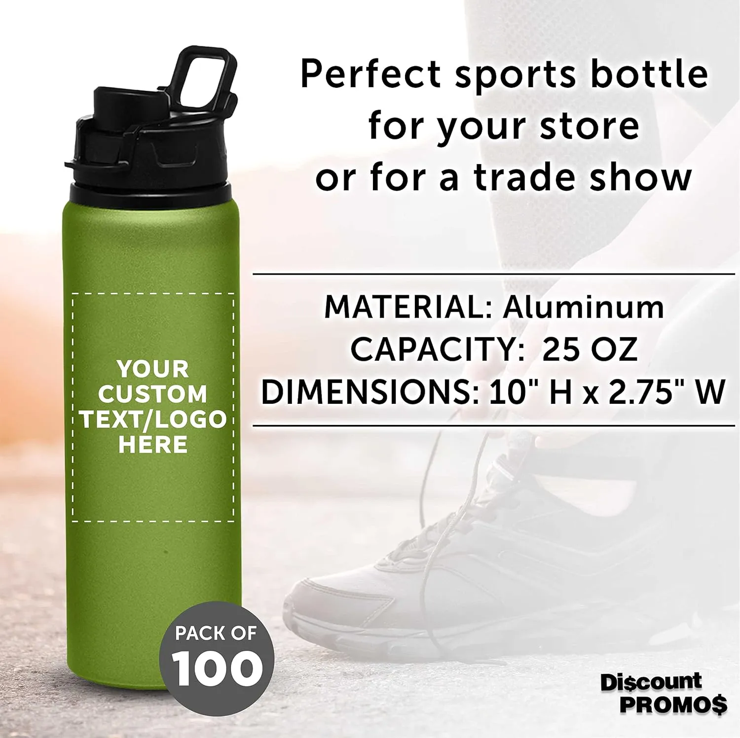 DISCOUNT PROMOS Custom Aluminum Water Bottles with Snap Lids 25 oz. Set of 100, Personalized Bulk Pack - Reusable, Great for Gym, Hiking, Cycling, For School - Green