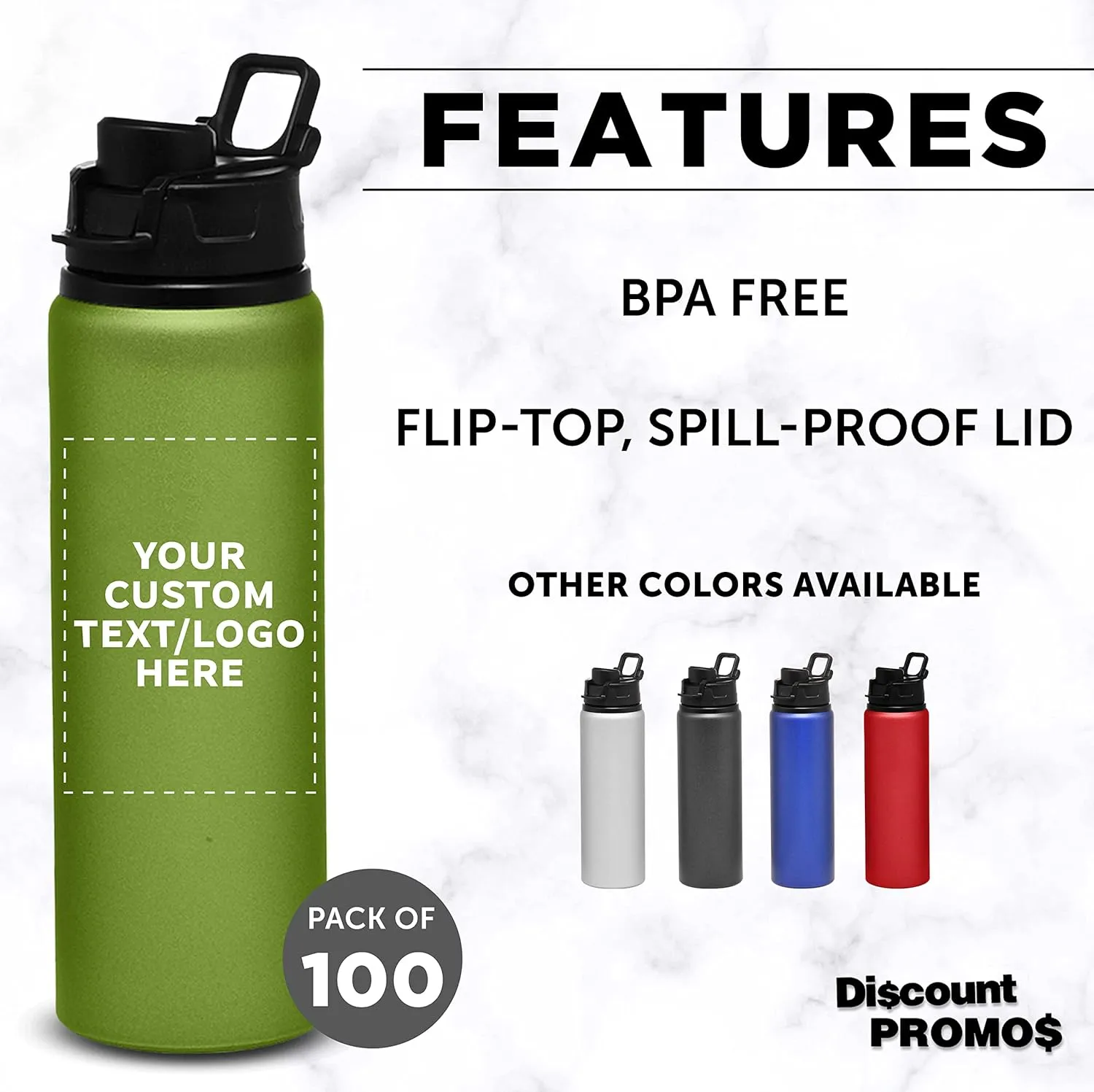 DISCOUNT PROMOS Custom Aluminum Water Bottles with Snap Lids 25 oz. Set of 100, Personalized Bulk Pack - Reusable, Great for Gym, Hiking, Cycling, For School - Green