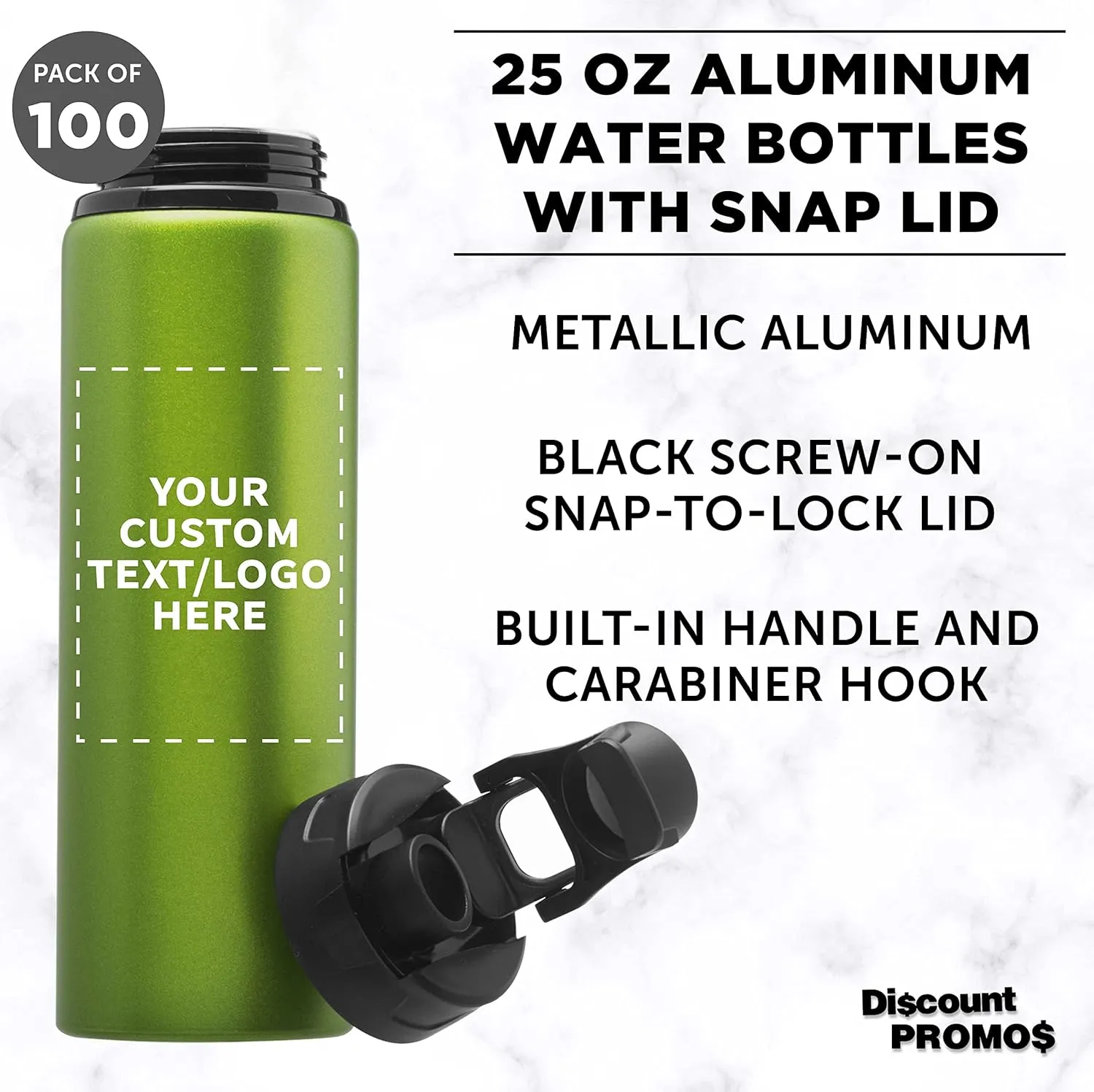 DISCOUNT PROMOS Custom Aluminum Water Bottles with Snap Lids 25 oz. Set of 100, Personalized Bulk Pack - Reusable, Great for Gym, Hiking, Cycling, For School - Green
