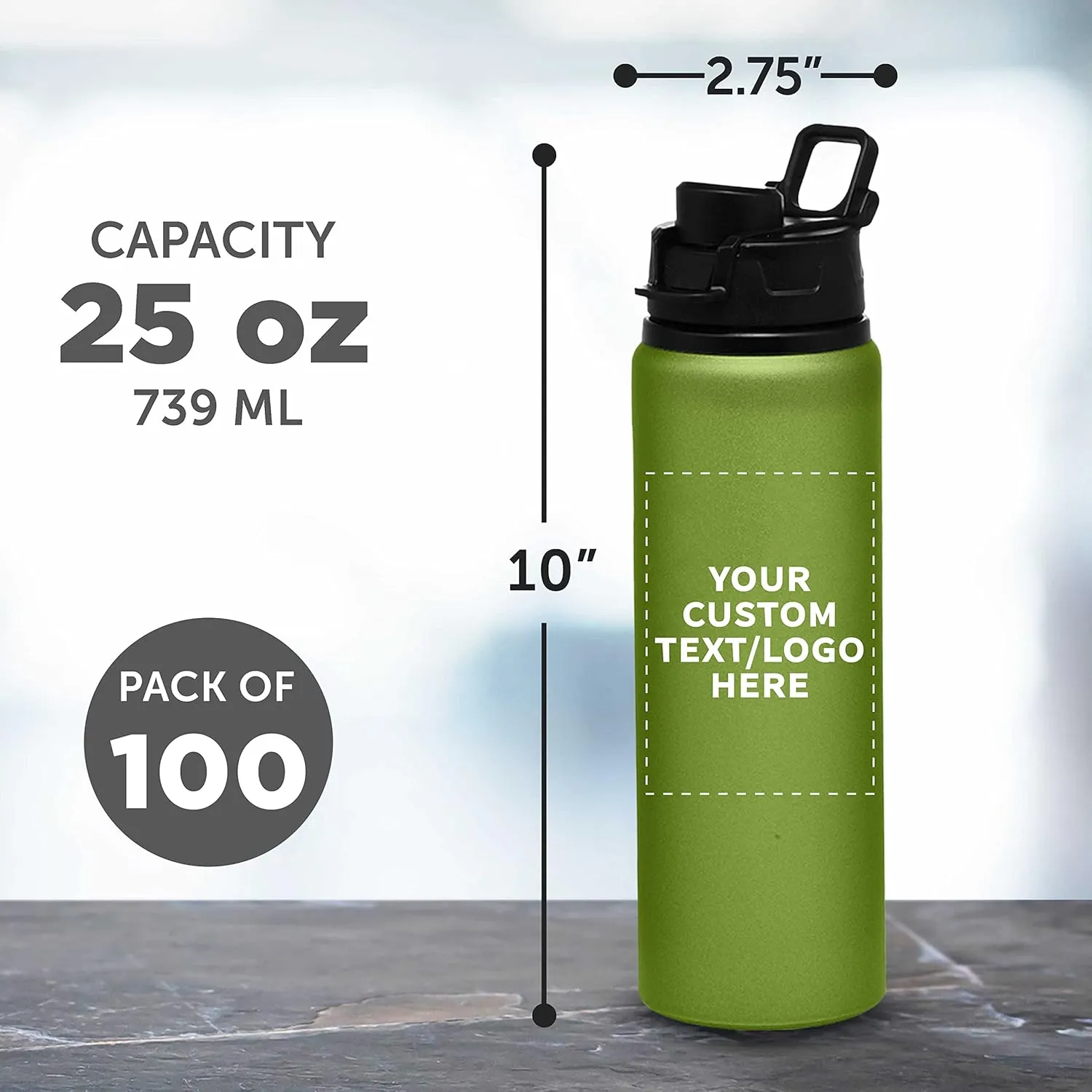 DISCOUNT PROMOS Custom Aluminum Water Bottles with Snap Lids 25 oz. Set of 100, Personalized Bulk Pack - Reusable, Great for Gym, Hiking, Cycling, For School - Green