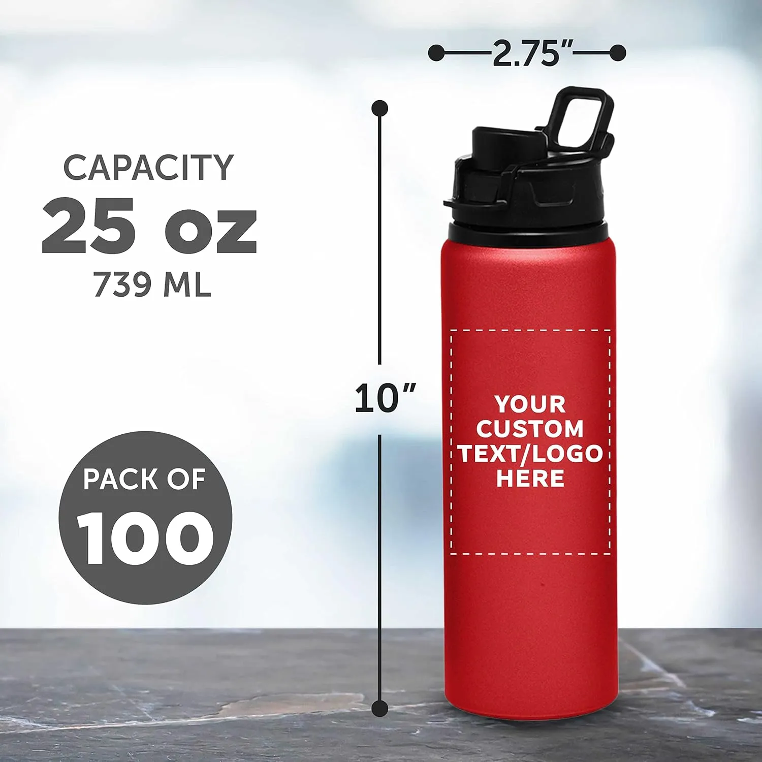 DISCOUNT PROMOS Custom Aluminum Water Bottles with Snap Lids 25 oz. Set of 100, Personalized Bulk Pack - Reusable, Great for Gym, Hiking, Cycling, For School - Red