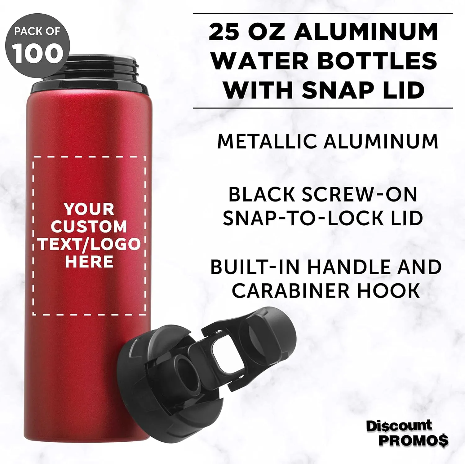 DISCOUNT PROMOS Custom Aluminum Water Bottles with Snap Lids 25 oz. Set of 100, Personalized Bulk Pack - Reusable, Great for Gym, Hiking, Cycling, For School - Red