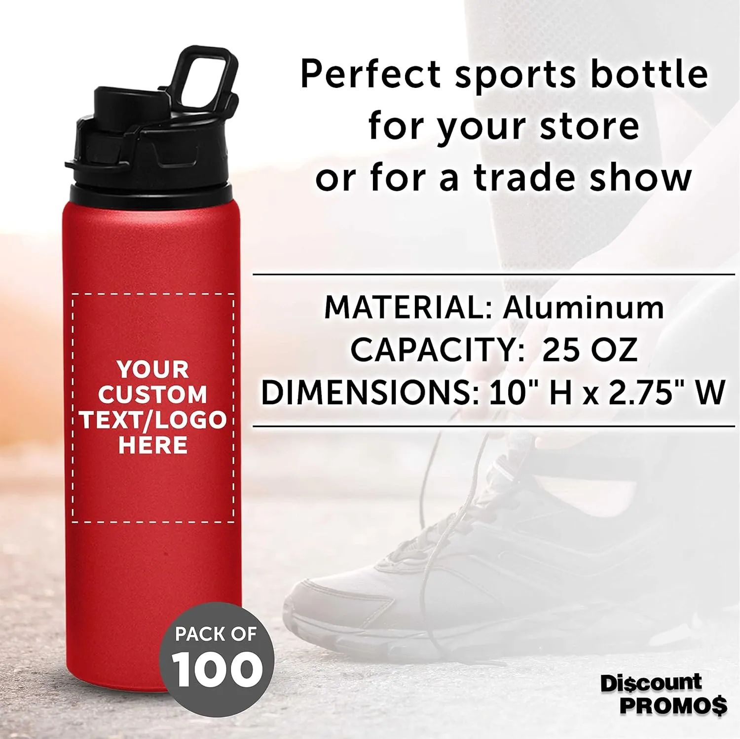 DISCOUNT PROMOS Custom Aluminum Water Bottles with Snap Lids 25 oz. Set of 100, Personalized Bulk Pack - Reusable, Great for Gym, Hiking, Cycling, For School - Red