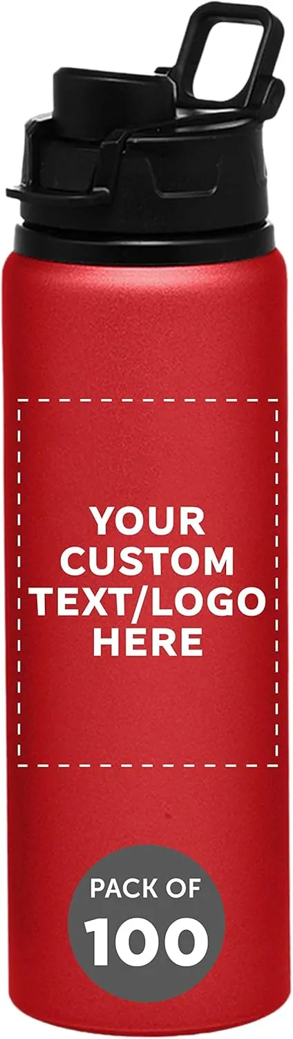 DISCOUNT PROMOS Custom Aluminum Water Bottles with Snap Lids 25 oz. Set of 100, Personalized Bulk Pack - Reusable, Great for Gym, Hiking, Cycling, For School - Red