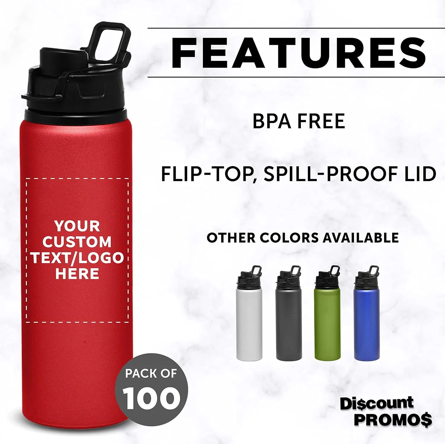 DISCOUNT PROMOS Custom Aluminum Water Bottles with Snap Lids 25 oz. Set of 100, Personalized Bulk Pack - Reusable, Great for Gym, Hiking, Cycling, For School - Red