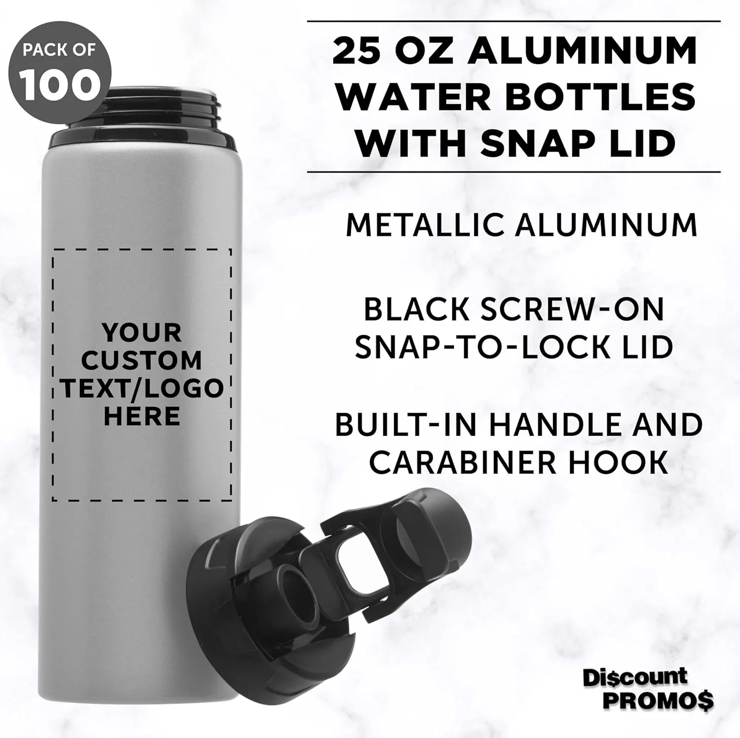 DISCOUNT PROMOS Custom Aluminum Water Bottles with Snap Lids 25 oz. Set of 100, Personalized Bulk Pack - Reusable, Great for Gym, Hiking, Cycling, For School - Silver