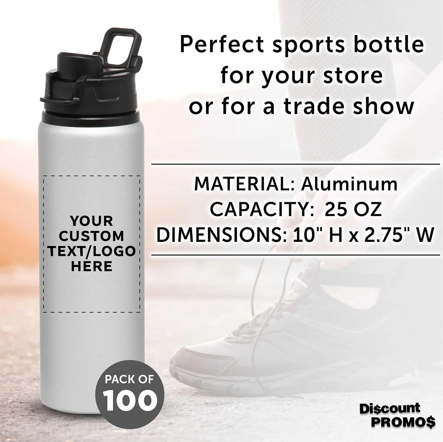 DISCOUNT PROMOS Custom Aluminum Water Bottles with Snap Lids 25 oz. Set of 100, Personalized Bulk Pack - Reusable, Great for Gym, Hiking, Cycling, For School - Silver