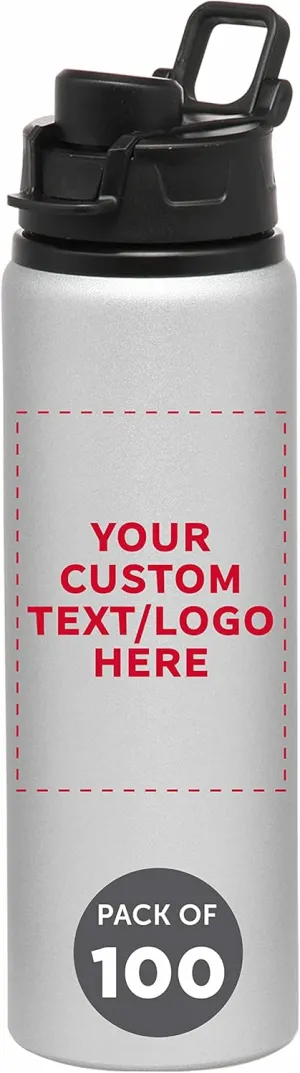 DISCOUNT PROMOS Custom Aluminum Water Bottles with Snap Lids 25 oz. Set of 100, Personalized Bulk Pack - Reusable, Great for Gym, Hiking, Cycling, For School - Silver