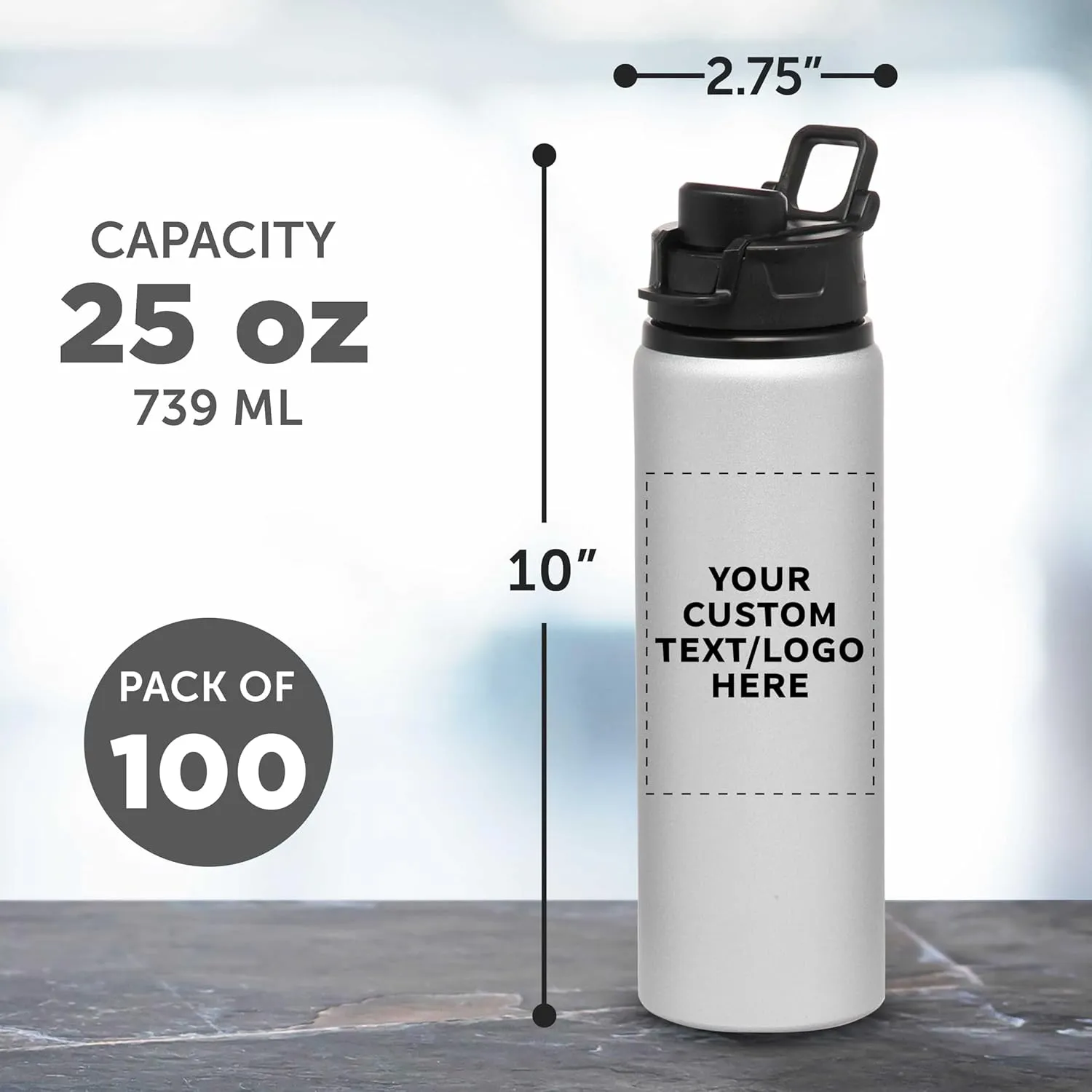 DISCOUNT PROMOS Custom Aluminum Water Bottles with Snap Lids 25 oz. Set of 100, Personalized Bulk Pack - Reusable, Great for Gym, Hiking, Cycling, For School - Silver