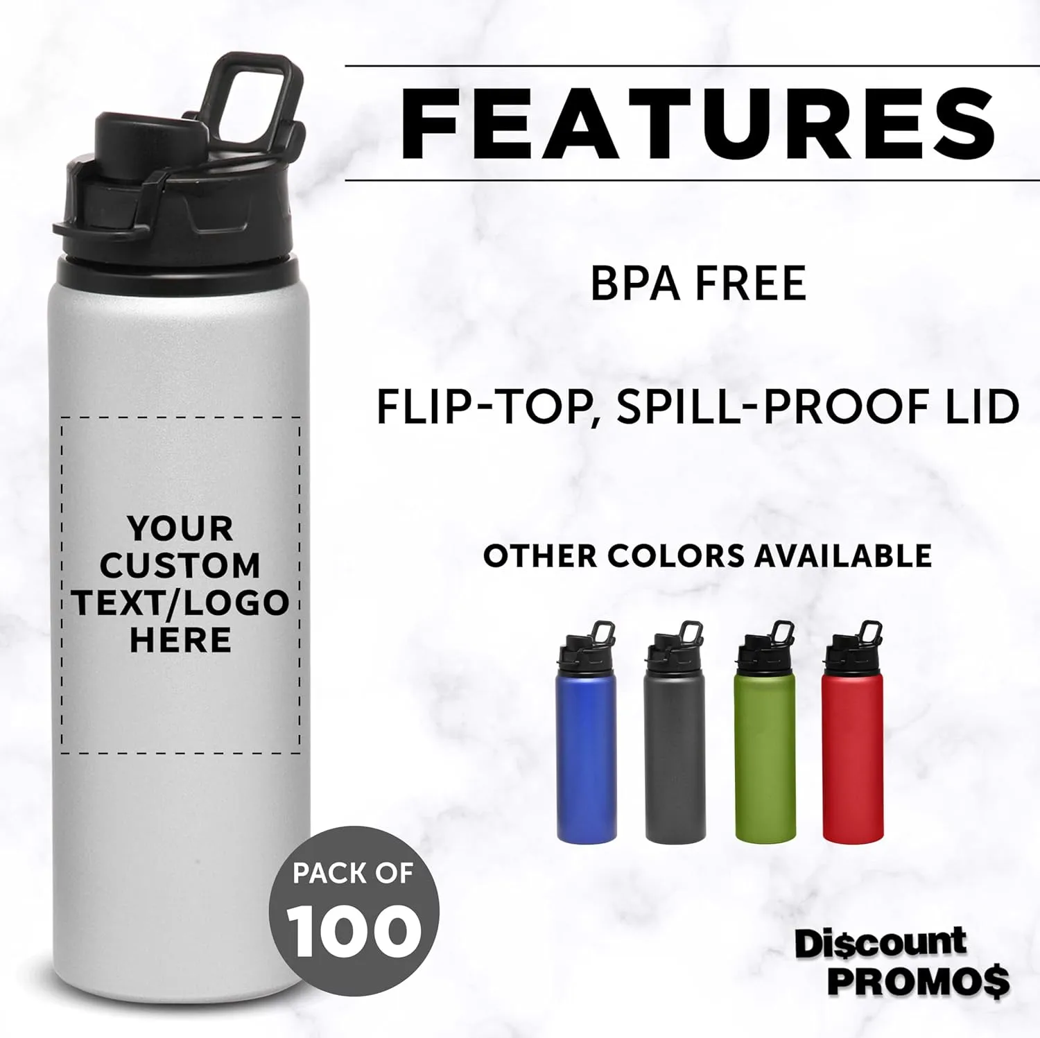 DISCOUNT PROMOS Custom Aluminum Water Bottles with Snap Lids 25 oz. Set of 100, Personalized Bulk Pack - Reusable, Great for Gym, Hiking, Cycling, For School - Silver