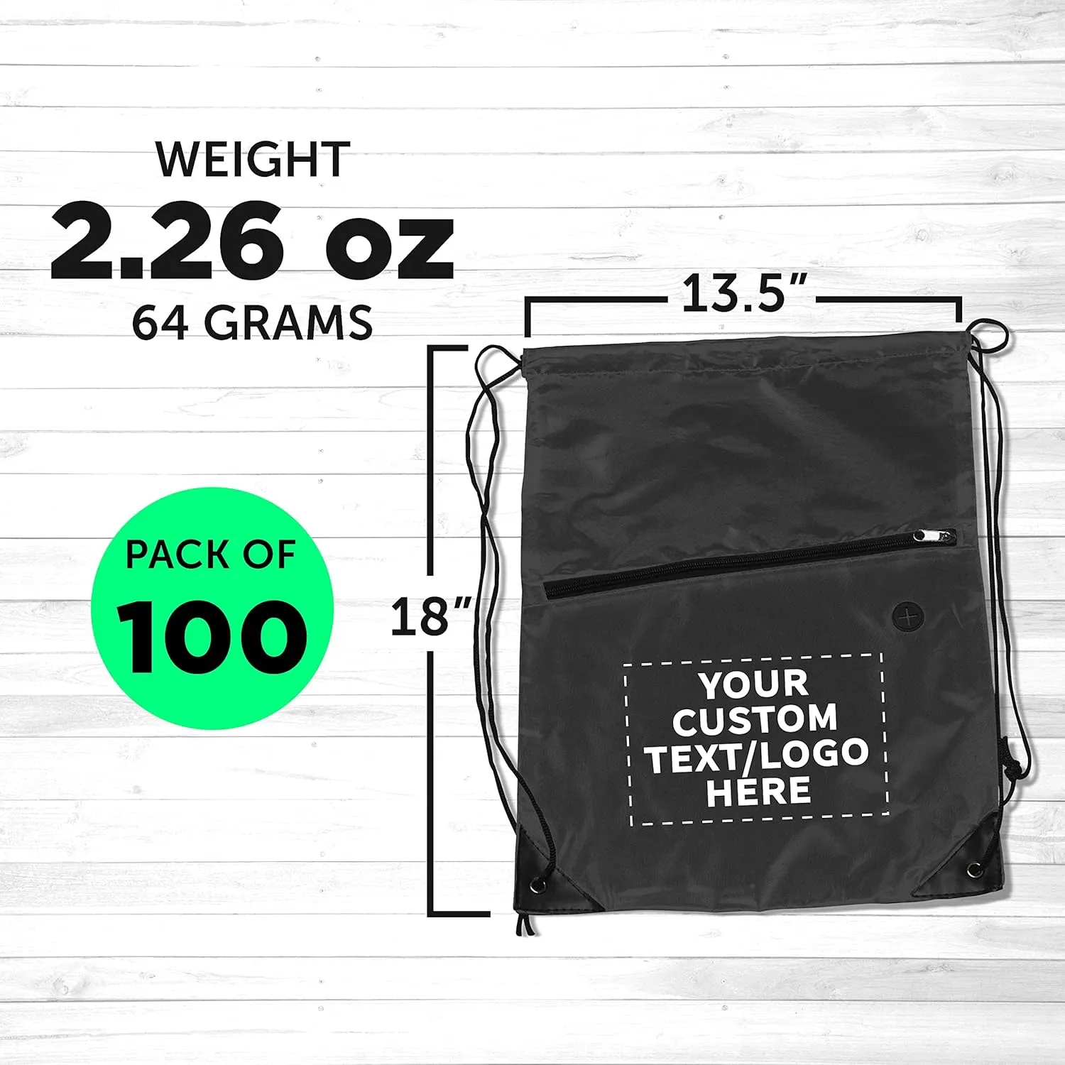 DISCOUNT PROMOS Custom Drawstring BackPacks with Pocket Set of 100, Personalized Bulk Pack - Water Resistant, Perfect for Gym, Camping, Beach, Outdoor Sports - Black