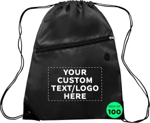 DISCOUNT PROMOS Custom Drawstring BackPacks with Pocket Set of 100, Personalized Bulk Pack - Water Resistant, Perfect for Gym, Camping, Beach, Outdoor Sports - Black