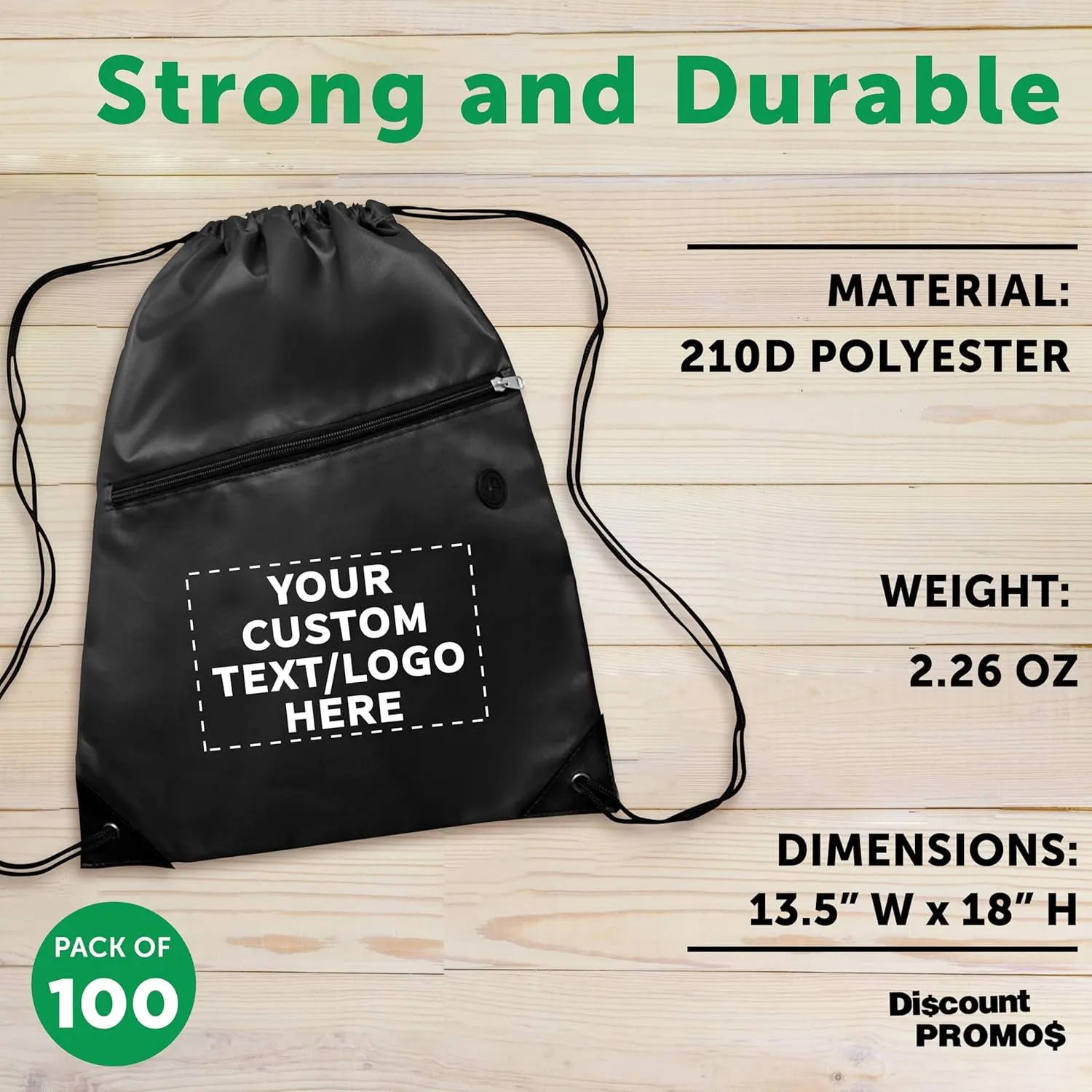 DISCOUNT PROMOS Custom Drawstring BackPacks with Pocket Set of 100, Personalized Bulk Pack - Water Resistant, Perfect for Gym, Camping, Beach, Outdoor Sports - Black