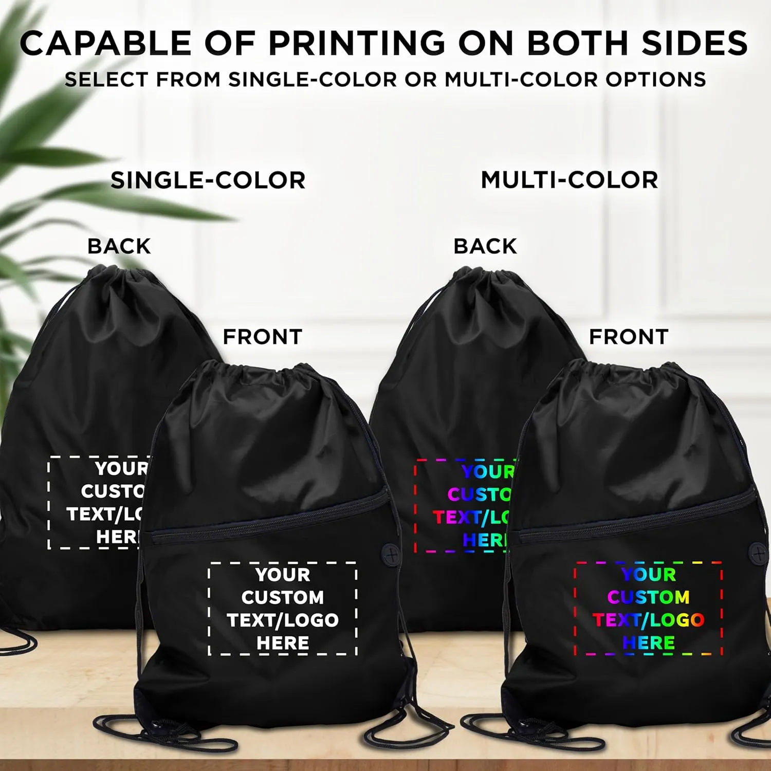 DISCOUNT PROMOS Custom Drawstring BackPacks with Pocket Set of 100, Personalized Bulk Pack - Water Resistant, Perfect for Gym, Camping, Beach, Outdoor Sports - Black