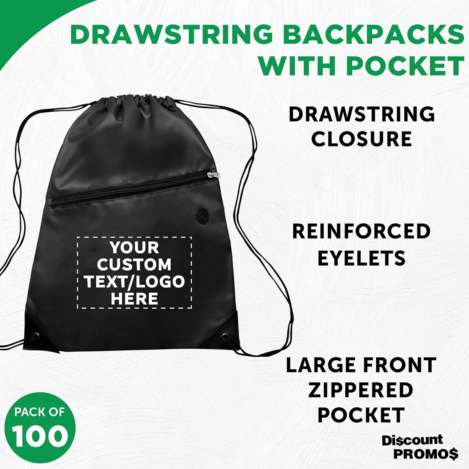 DISCOUNT PROMOS Custom Drawstring BackPacks with Pocket Set of 100, Personalized Bulk Pack - Water Resistant, Perfect for Gym, Camping, Beach, Outdoor Sports - Black