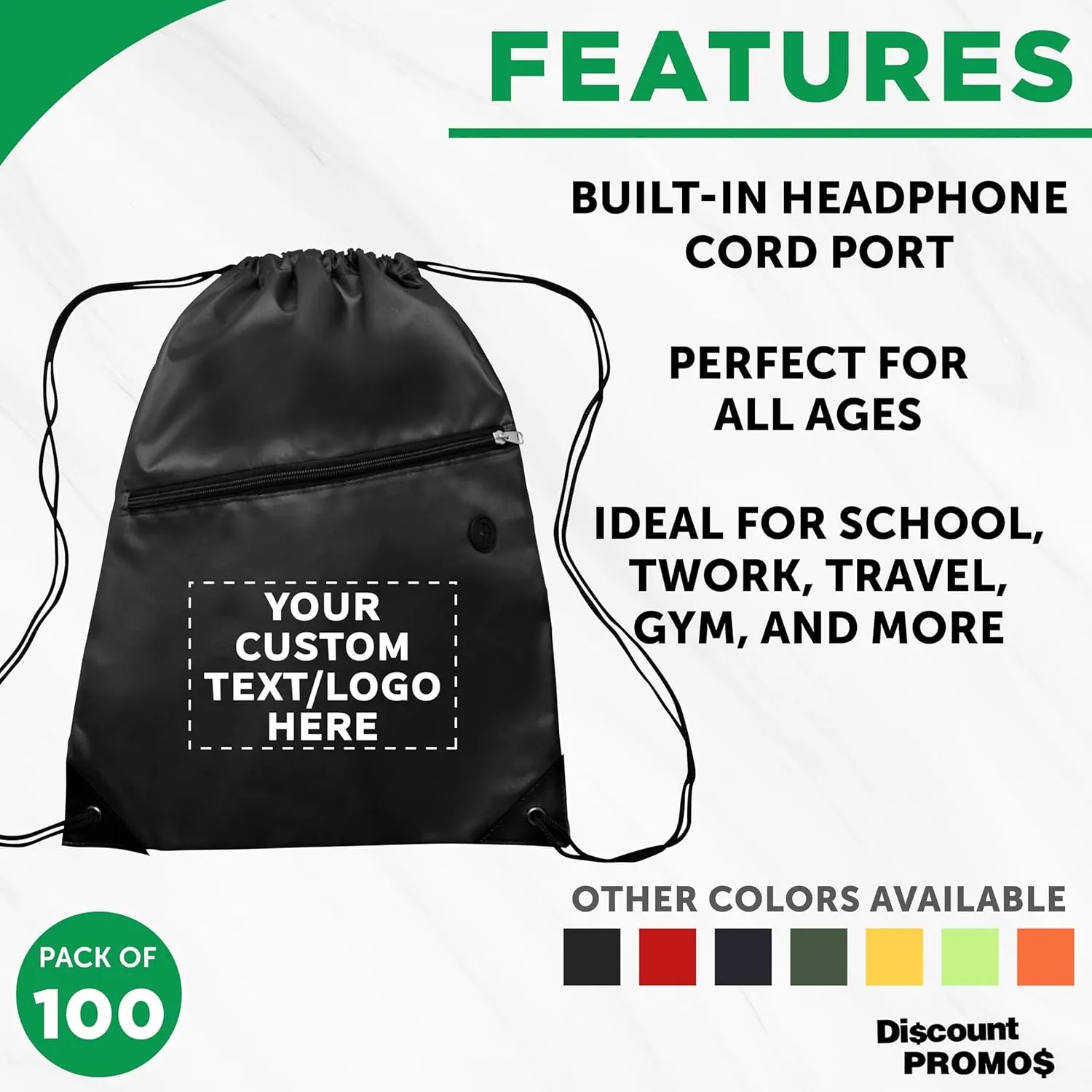 DISCOUNT PROMOS Custom Drawstring BackPacks with Pocket Set of 100, Personalized Bulk Pack - Water Resistant, Perfect for Gym, Camping, Beach, Outdoor Sports - Black