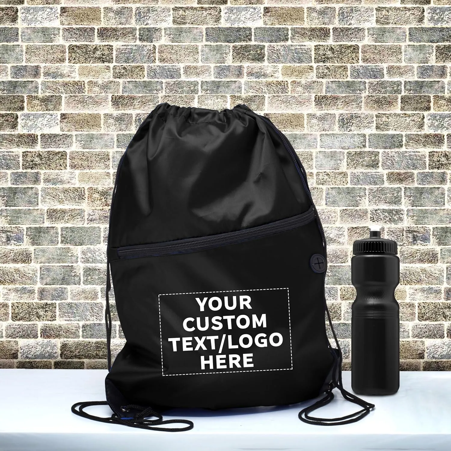 DISCOUNT PROMOS Custom Drawstring BackPacks with Pocket Set of 100, Personalized Bulk Pack - Water Resistant, Perfect for Gym, Camping, Beach, Outdoor Sports - Black
