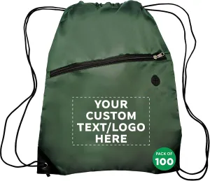 DISCOUNT PROMOS Custom Drawstring BackPacks with Pocket Set of 100, Personalized Bulk Pack - Water Resistant, Perfect for Gym, Camping, Beach, Outdoor Sports - Forest Green