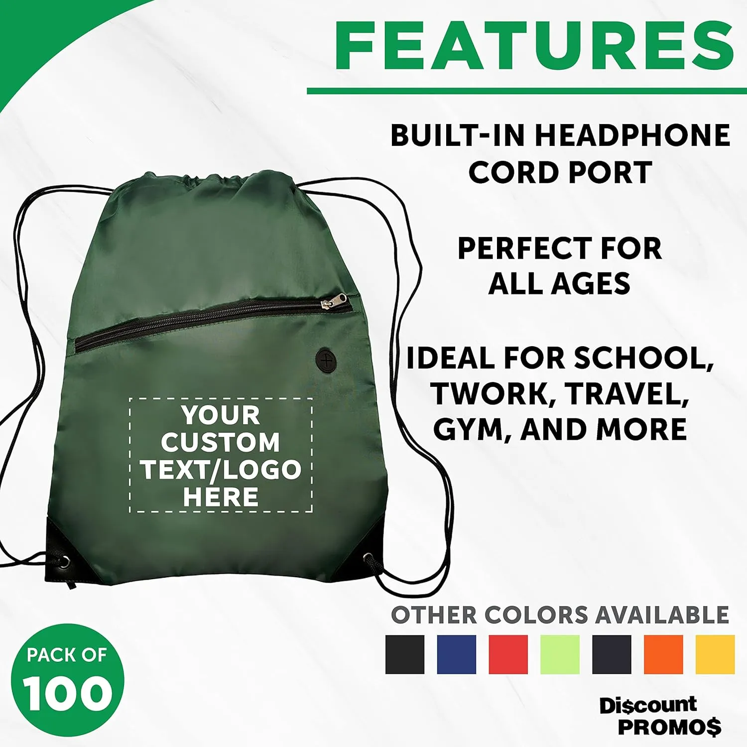DISCOUNT PROMOS Custom Drawstring BackPacks with Pocket Set of 100, Personalized Bulk Pack - Water Resistant, Perfect for Gym, Camping, Beach, Outdoor Sports - Forest Green