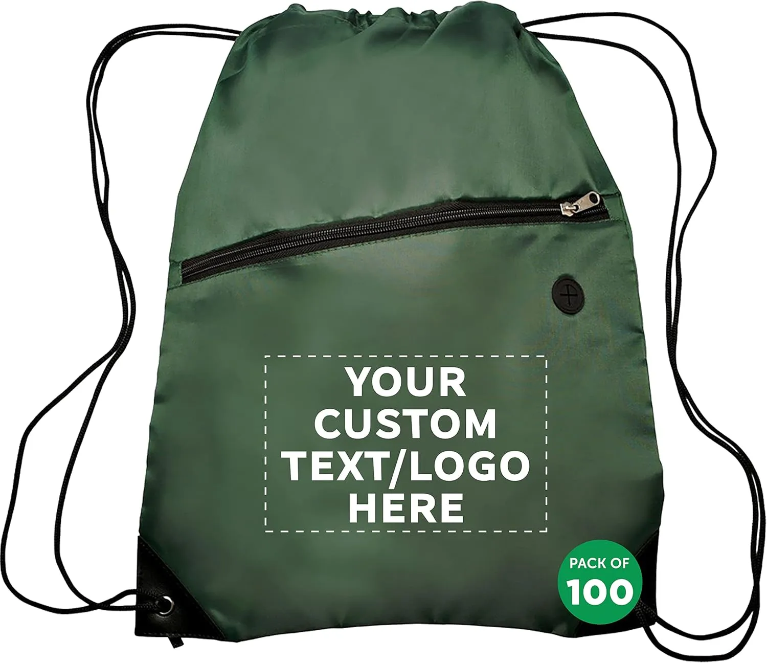 DISCOUNT PROMOS Custom Drawstring BackPacks with Pocket Set of 100, Personalized Bulk Pack - Water Resistant, Perfect for Gym, Camping, Beach, Outdoor Sports - Forest Green