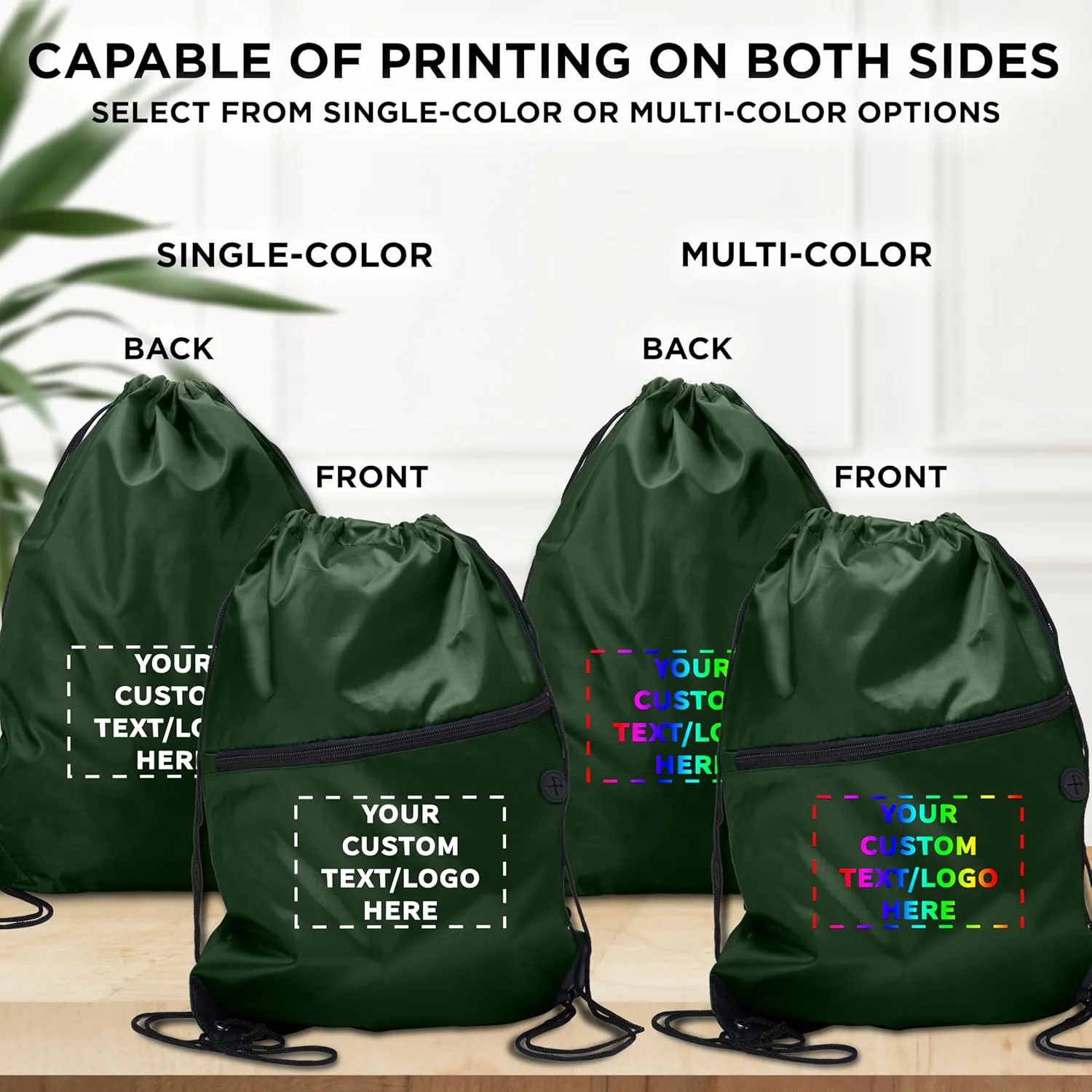 DISCOUNT PROMOS Custom Drawstring BackPacks with Pocket Set of 100, Personalized Bulk Pack - Water Resistant, Perfect for Gym, Camping, Beach, Outdoor Sports - Forest Green
