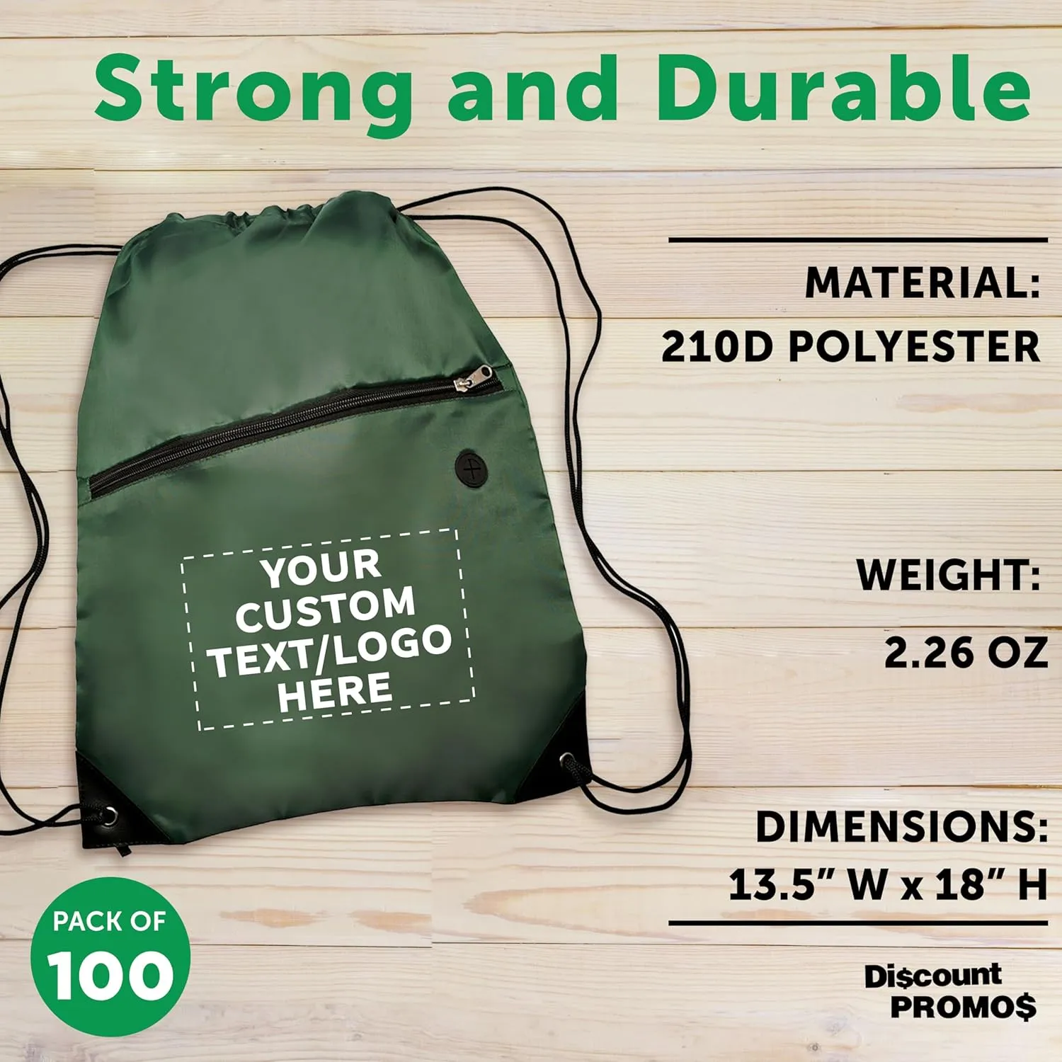DISCOUNT PROMOS Custom Drawstring BackPacks with Pocket Set of 100, Personalized Bulk Pack - Water Resistant, Perfect for Gym, Camping, Beach, Outdoor Sports - Forest Green