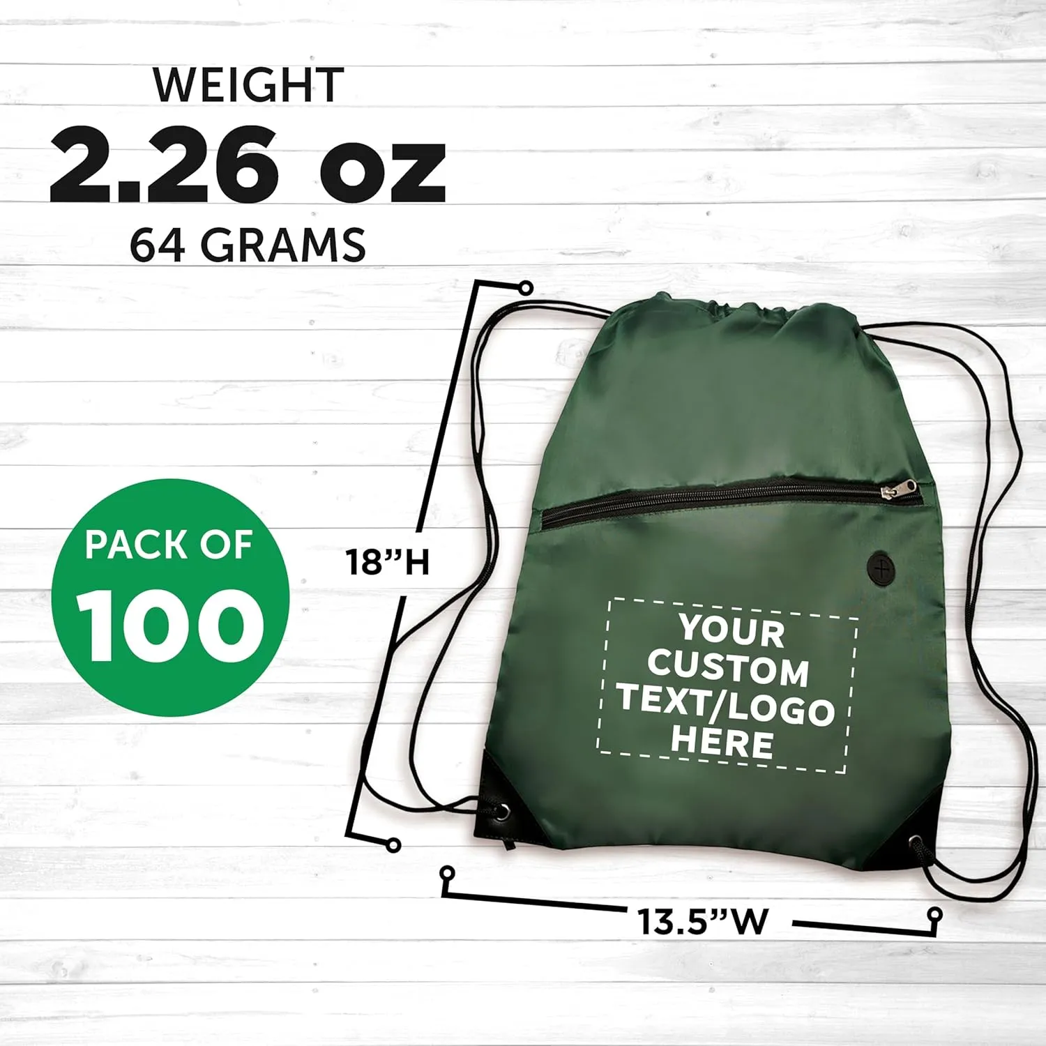 DISCOUNT PROMOS Custom Drawstring BackPacks with Pocket Set of 100, Personalized Bulk Pack - Water Resistant, Perfect for Gym, Camping, Beach, Outdoor Sports - Forest Green