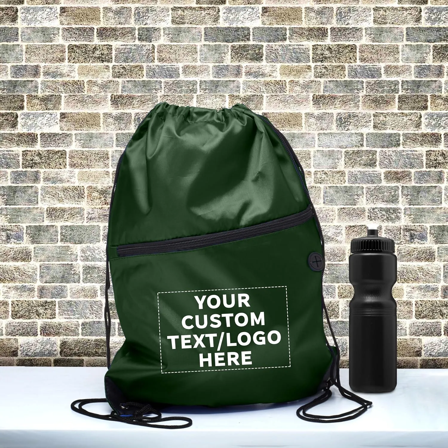 DISCOUNT PROMOS Custom Drawstring BackPacks with Pocket Set of 100, Personalized Bulk Pack - Water Resistant, Perfect for Gym, Camping, Beach, Outdoor Sports - Forest Green