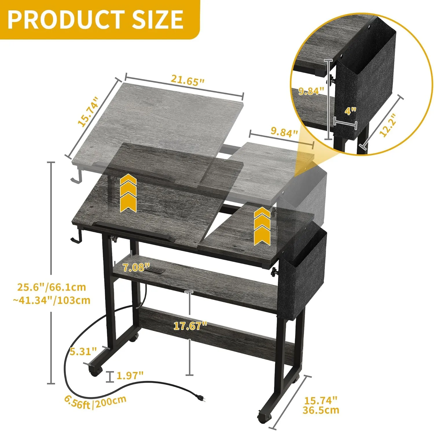 DWVO Height Adjustable Drawing Desk with Charging Station & Wheels, Rolling Craft Table with Tilting Top Tabletop and Storage Bag, Small Standing & Sitting Laptop Computer Desk (Grey)