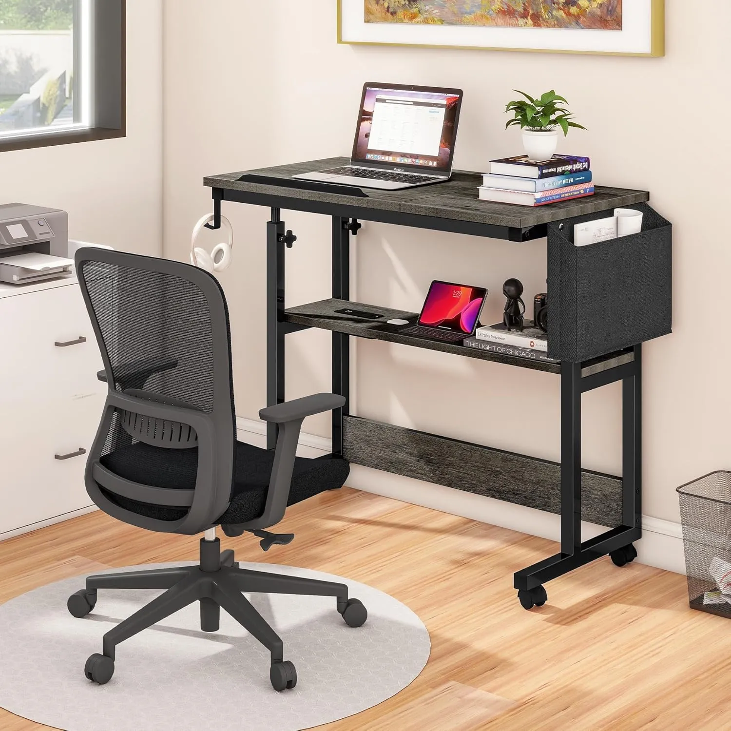 DWVO Height Adjustable Drawing Desk with Charging Station & Wheels, Rolling Craft Table with Tilting Top Tabletop and Storage Bag, Small Standing & Sitting Laptop Computer Desk (Grey)
