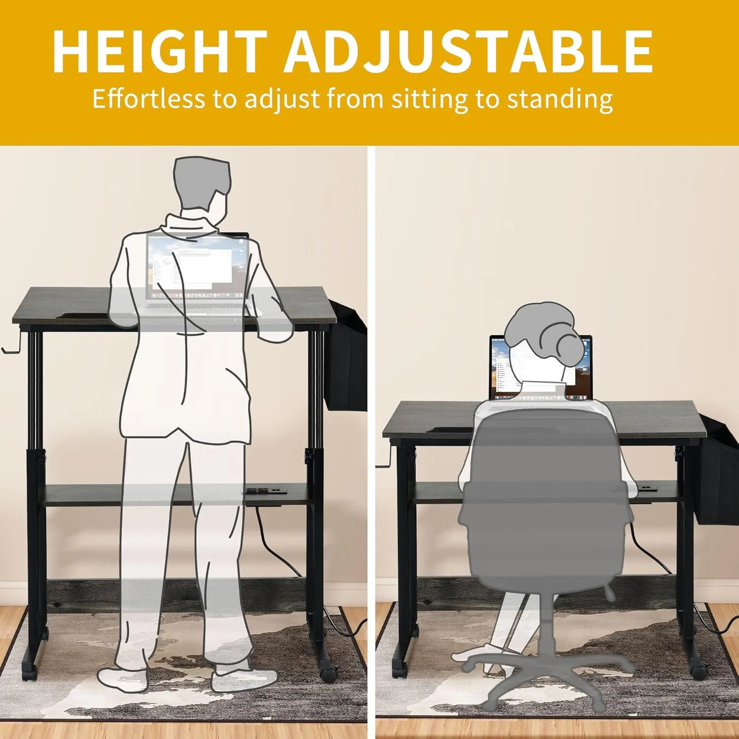 DWVO Height Adjustable Drawing Desk with Charging Station & Wheels, Rolling Craft Table with Tilting Top Tabletop and Storage Bag, Small Standing & Sitting Laptop Computer Desk (Grey)