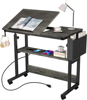 DWVO Height Adjustable Drawing Desk with Charging Station & Wheels, Rolling Craft Table with Tilting Top Tabletop and Storage Bag, Small Standing & Sitting Laptop Computer Desk (Grey)