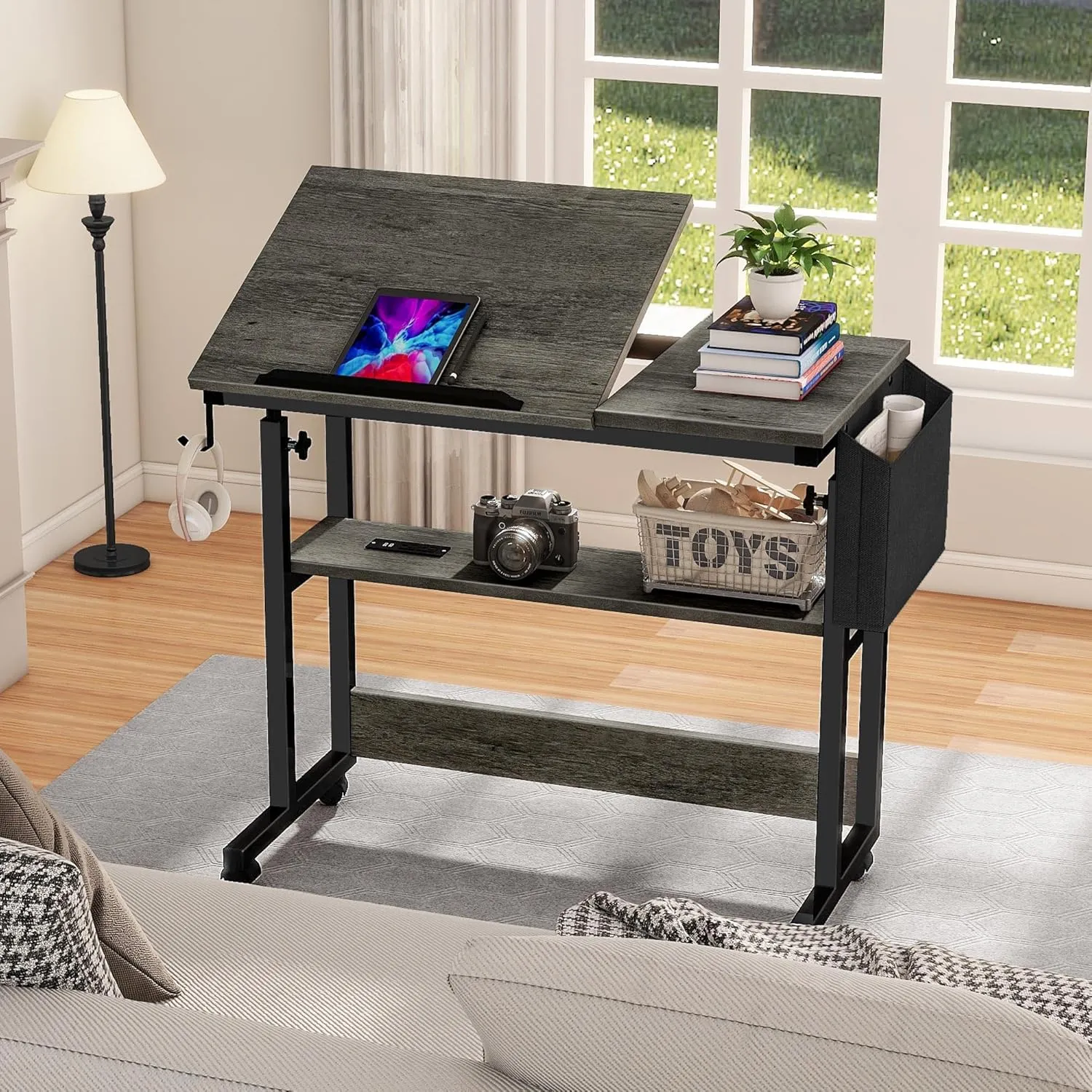 DWVO Height Adjustable Drawing Desk with Charging Station & Wheels, Rolling Craft Table with Tilting Top Tabletop and Storage Bag, Small Standing & Sitting Laptop Computer Desk (Grey)