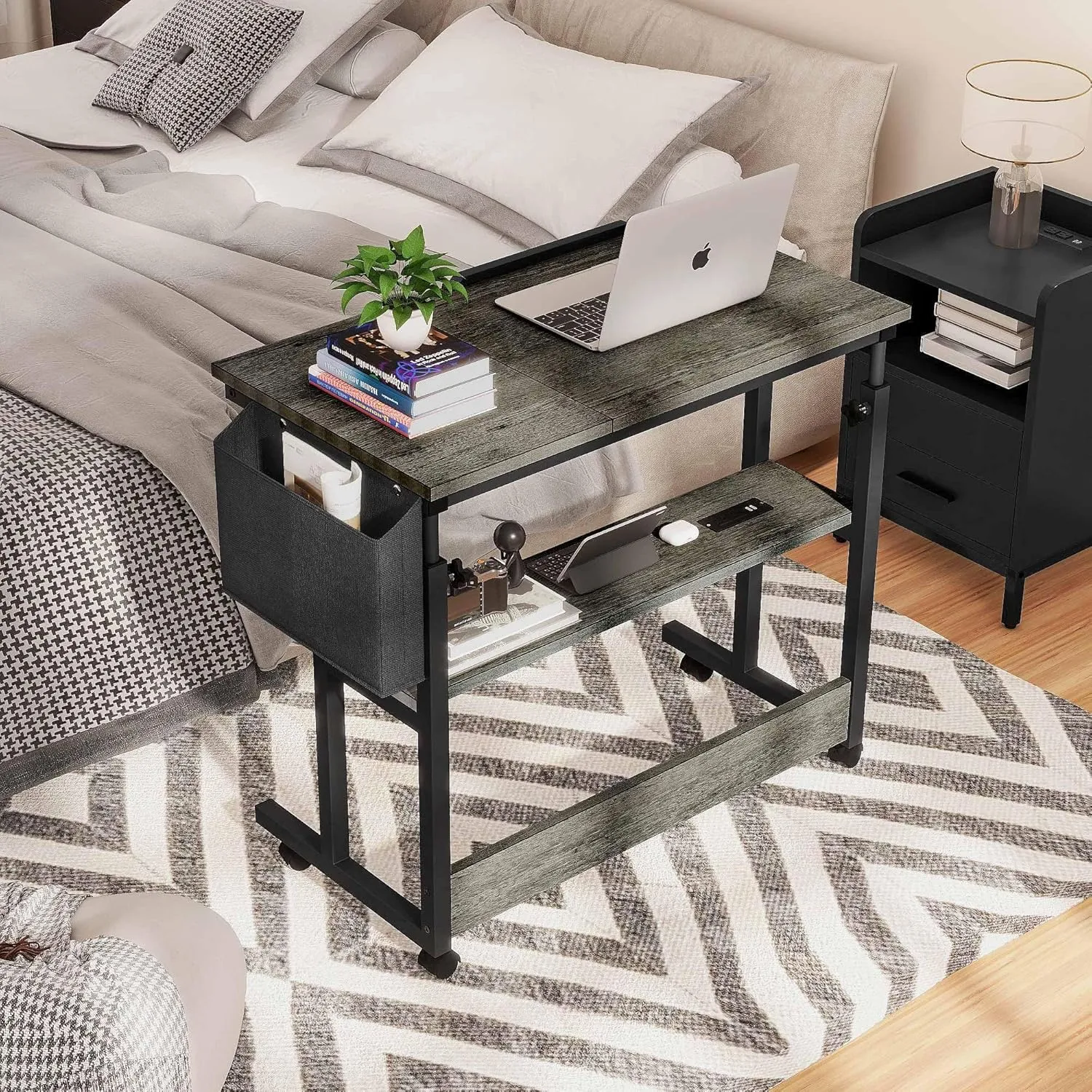 DWVO Height Adjustable Drawing Desk with Charging Station & Wheels, Rolling Craft Table with Tilting Top Tabletop and Storage Bag, Small Standing & Sitting Laptop Computer Desk (Grey)