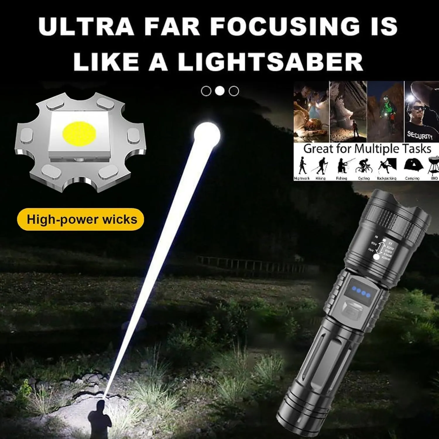 Easiotward Flashlight, LED Tactical Flashlight Rechargeable, Digital Display High Lumens Flashlights Zoomable & 3 Modes & Waterproof for Emergencies, Camping, Hiking, Outdoor, Indoor (1pcs)