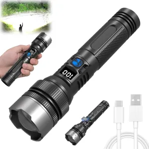 Easiotward Flashlight, LED Tactical Flashlight Rechargeable, Digital Display High Lumens Flashlights Zoomable & 3 Modes & Waterproof for Emergencies, Camping, Hiking, Outdoor, Indoor (1pcs)
