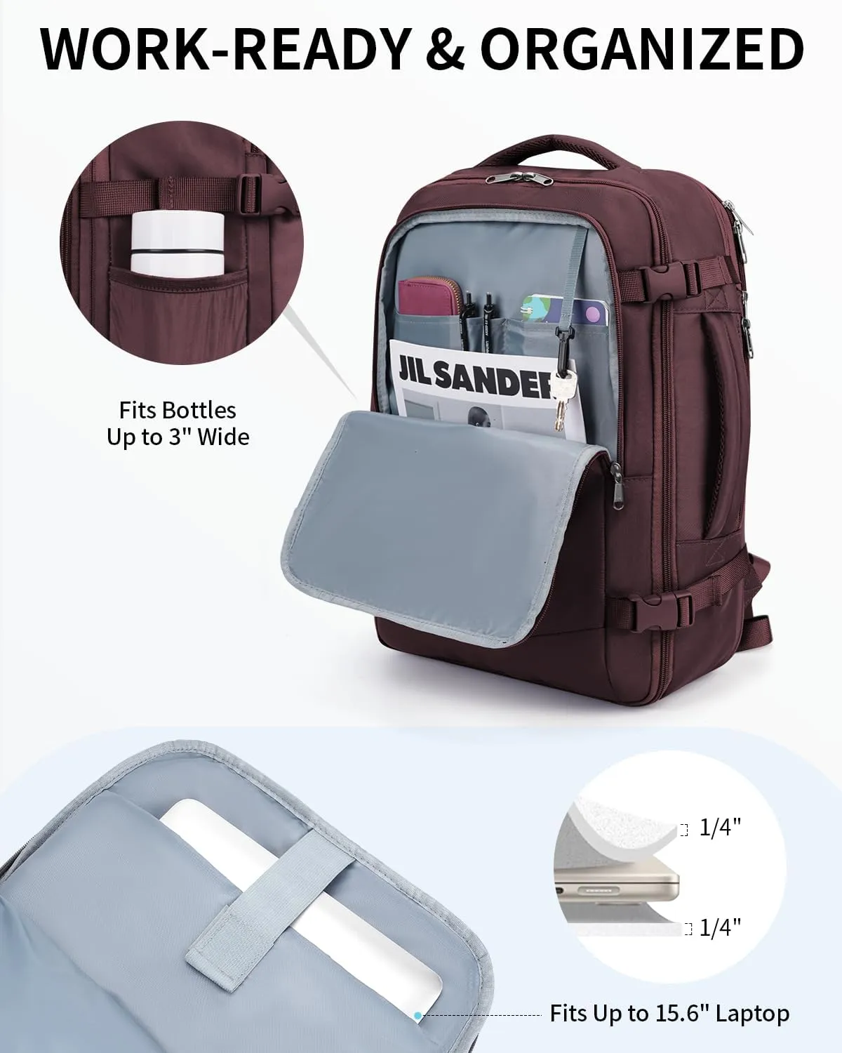 ECOHUB Carry On Travel Backpack, Expandable Airlines Personal Item Bag 18x14x8, Water Resistant 17 inch Laptop Backpack Flight Approved, 12 Pockets 30L Work Backpacks with Wet Pocket & Cable Slot