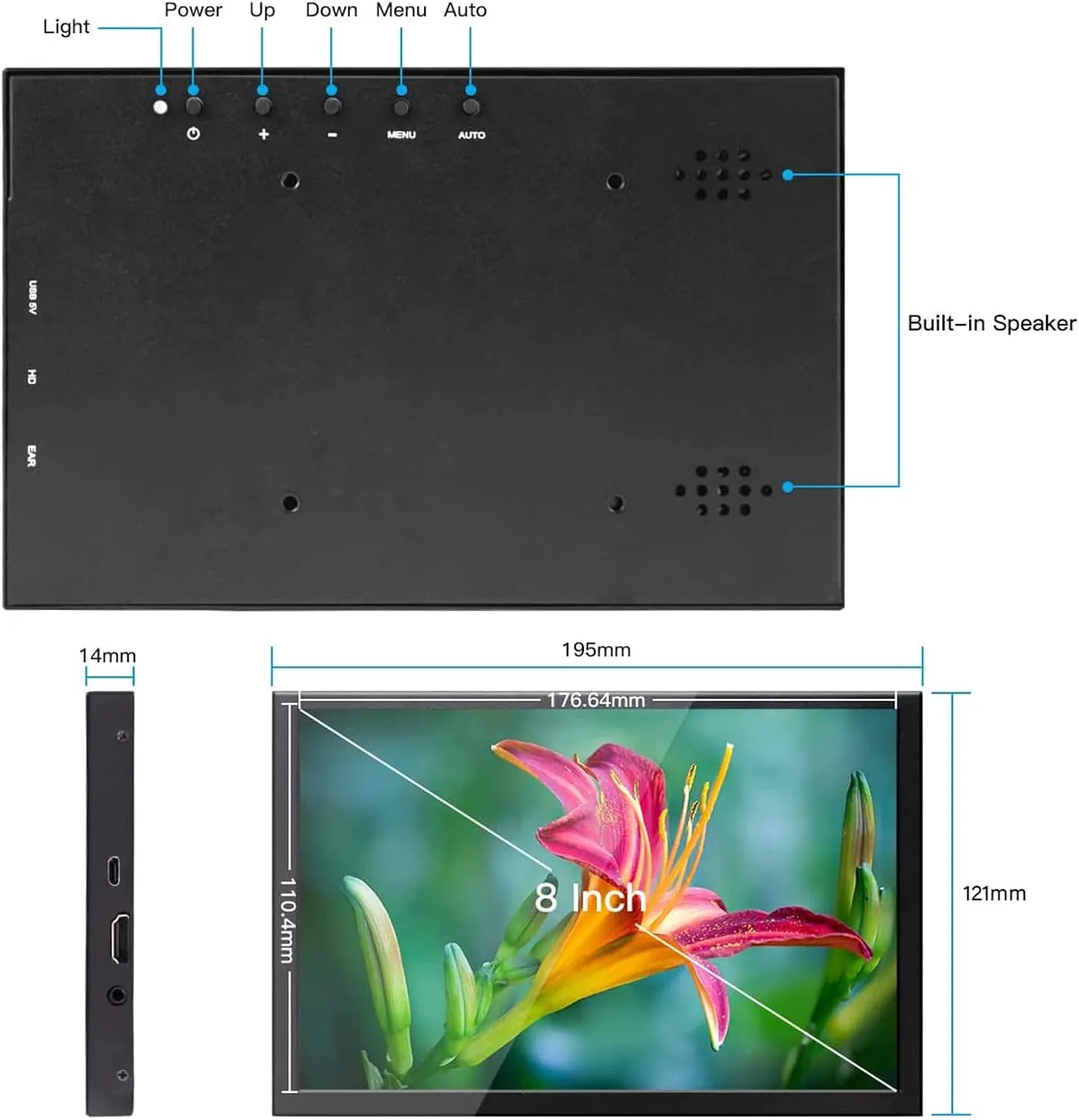 ELECROW 8 Inch Not-Touch Portable Monitor, 1280x800 Mini LCD Display USB Powered Screen Compatible with Raspberry Pi, Laptop, PC, Jetson Nano, Game Consoles