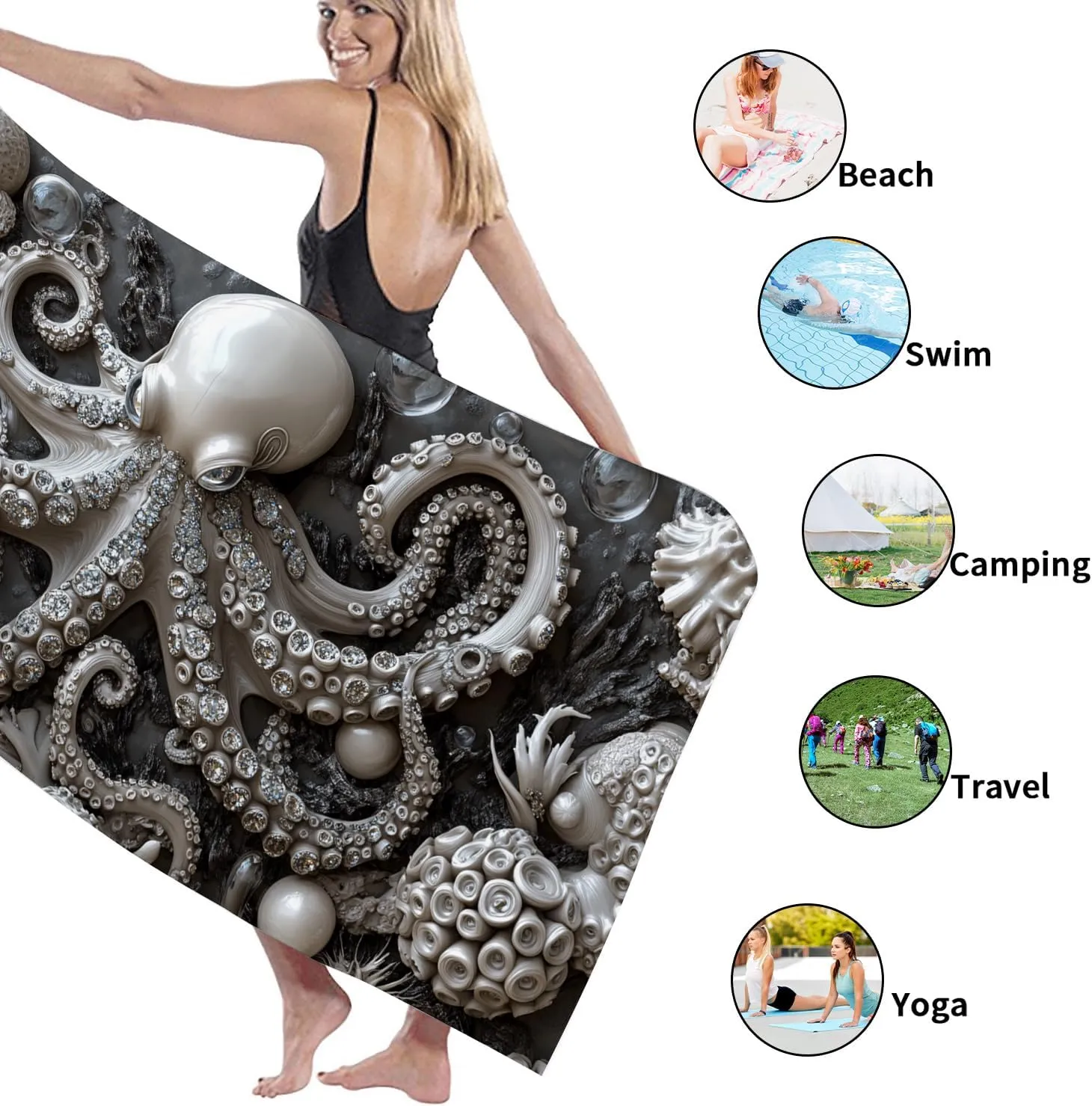 Elegant Octopus Microfiber Beach Towel Grey Ocean Creatures Sand Free Lightweight Quick Dry Absorbent Pool Gym Blanket, Vacation Picnic Essentials 70x35 Inch