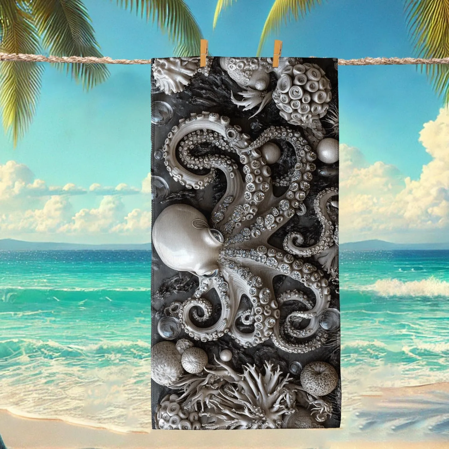 Elegant Octopus Microfiber Beach Towel Grey Ocean Creatures Sand Free Lightweight Quick Dry Absorbent Pool Gym Blanket, Vacation Picnic Essentials 70x35 Inch