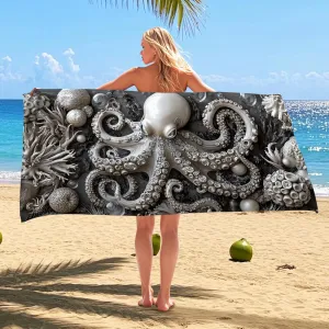 Elegant Octopus Microfiber Beach Towel Grey Ocean Creatures Sand Free Lightweight Quick Dry Absorbent Pool Gym Blanket, Vacation Picnic Essentials 70x35 Inch