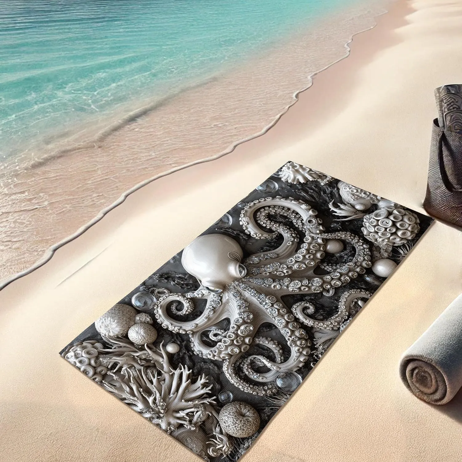 Elegant Octopus Microfiber Beach Towel Grey Ocean Creatures Sand Free Lightweight Quick Dry Absorbent Pool Gym Blanket, Vacation Picnic Essentials 70x35 Inch