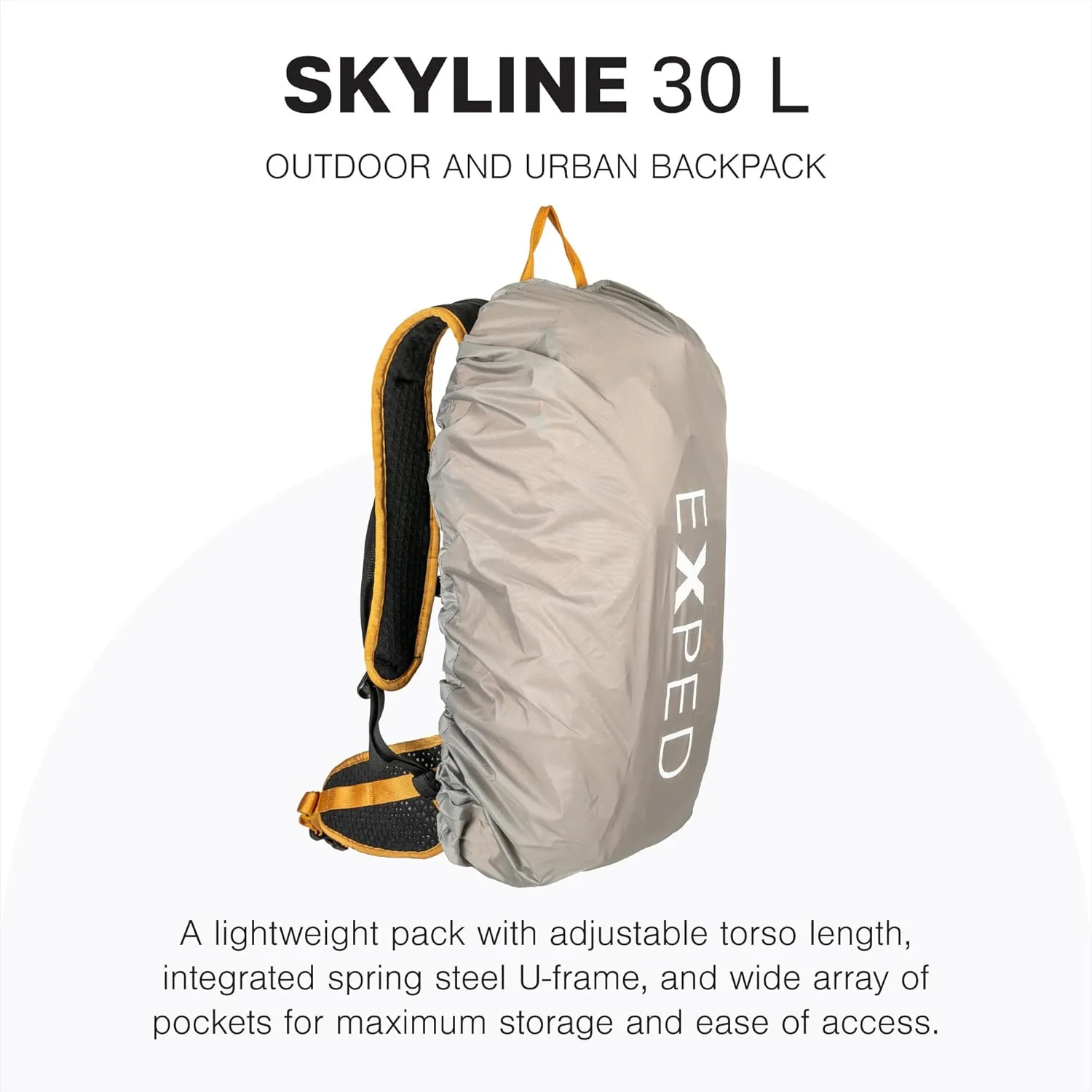 Exped Skyline 30 Liter Backpack - Lightweight Daypack Used for Demanding Hikes, and Multi-Day Hut Tours, Rain Cover, Storage and Bladder Compartment, Short/Medium, Gold